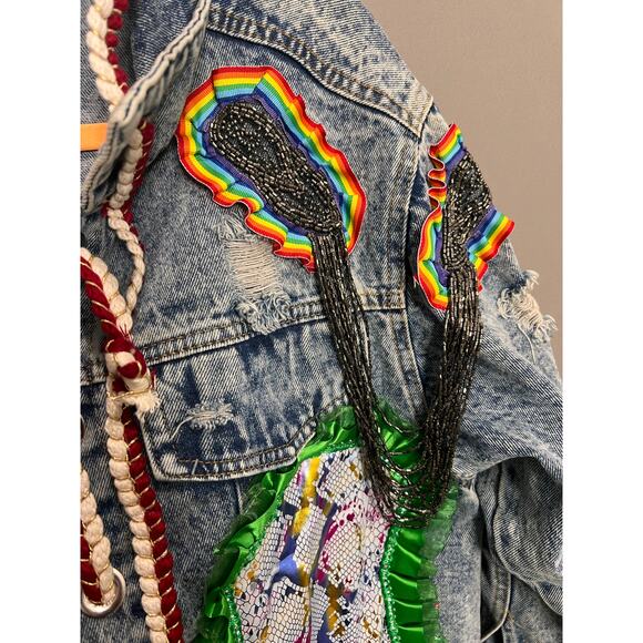 Souk + Sephia Designer Punk Graffiti Style Distressed Medium Wash Denim Jacket - Picture 7 of 13